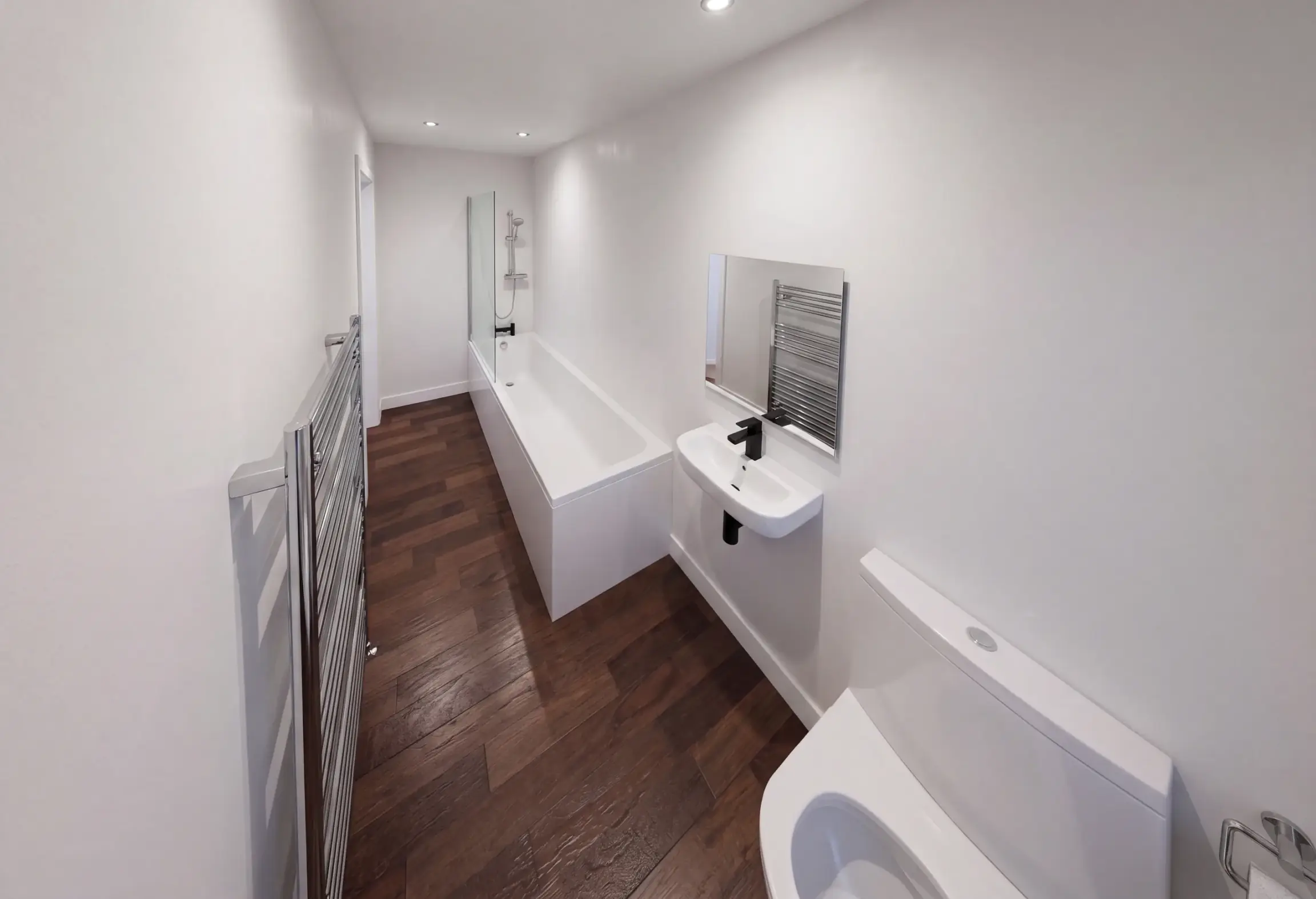 A meanwhile home's bathroom: white walls, wood-effect floor, a bath with a glass screen and thermostatic shower, a wall-hung basin with a black tap, a mirror, a chrome towel radiator and a back-to-wall WC.